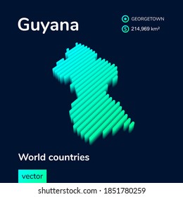 Striped isometric  neon vector Guyana map in trend colors with 3d effect. Geography infographic card, poster, banner, template.