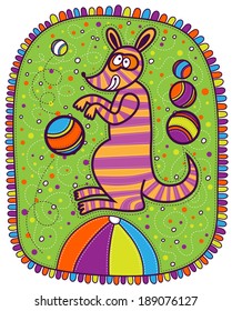 Striped kangaroo in the circus is on the big ball and juggles with colored balls