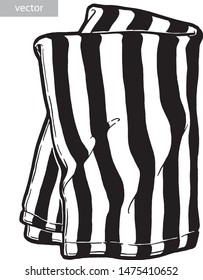 Striped kitchen towel. Black and white hand drawing. Object isolated on white background. Cookbook illustration, recipe, menu, magazine or journal article