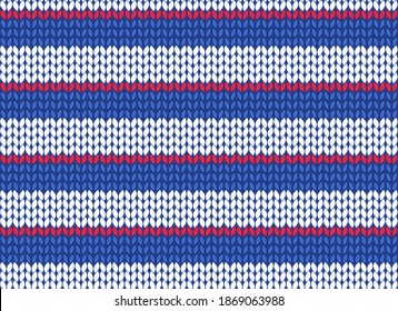 Striped knitted seamless pattern. Blue, white and red stripes.