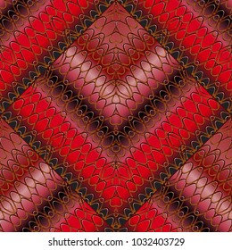 Striped lattice 3d seamless pattern. Vector red black abstract background wallpaper with lace, waves, lines, honeycombs, stripes, rhombus, shapes. Surface modern intricate ornaments. Luxury design