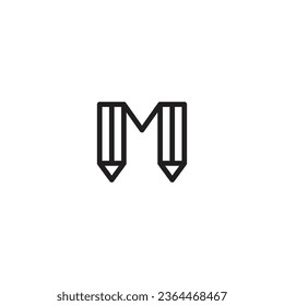Logotipo de letra rayada M con 2 lápices en el centro