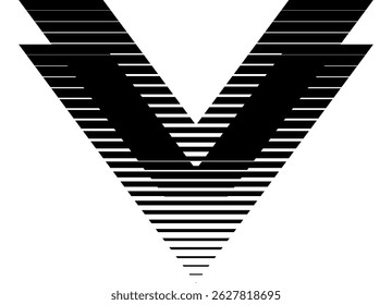 Letra V rayada. patrón de líneas negras sobre un fondo blanco. Elemento de diseño. Vector de fondo. Flecha del logotipo.