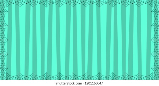 Striped light blue rectangle background with cute vertical stripes framed with spider coweb. Vector background, banner, Halloween invitation or greeting card template with empty copy space for text.