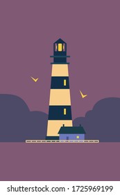 Striped lighthouse with the keeper's house at the evening light
