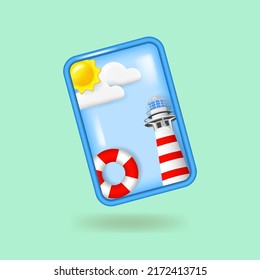Striped lighthouse and lifebuoy on mobile phone screen. Realistic 3d objects. Beach vacation or travel concept
