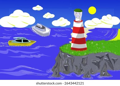 Striped lighthouse on a rocky cliff covered with grass from above. Lighthouse on a rocky promontory into the sea. Yacht and cruise ship at sea. Horizon with sea, clouds and lighthouse.