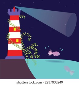 striped lighthouse shines on fish in the water
