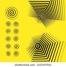 Striped lines pattern in hexagon shape. Striped rounded shape. Sphere. Wifi sound signal connection or sound radio wave. Optical art. 3D vector illustration for banner, flyer, poster or brochure.