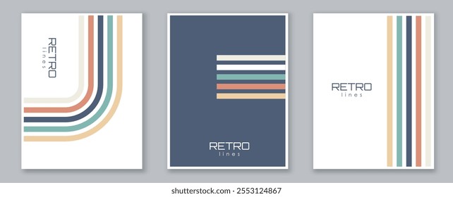 Conjunto de carteles de líneas rayadas. Corporativas volantes con coloridos patrones y adornos. Folleto, folleto y folleto. Pack de fundas de moda. Colección de Vector plana aislada sobre fondo gris