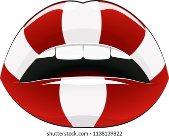 Striped lips - red and white, on a white background, with colorful streaks and beautiful teeth.