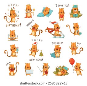 Striped Little Tiger Animal Engaged in Different Activity Vector Illustration Set