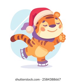 Striped Little Tiger Animal Ice Skating Vector Illustration