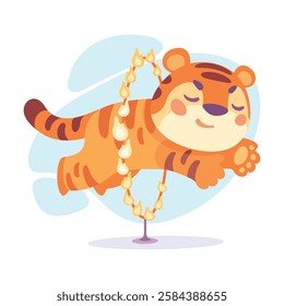 Striped Little Tiger Animal Jump Through Hula Hoop on Fire Vector Illustration