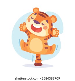 Striped Little Tiger Animal Jumping and Laugh Vector Illustration