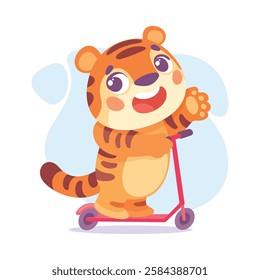 Striped Little Tiger Animal Ride Skateboard Vector Illustration