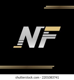 Striped logo design Element NF. Logo Emblem Monogram NF with line. Black and gold sign Template.  Vector on black background.