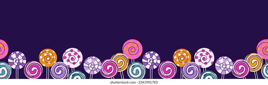 Striped lollipops Halloween seamless border with copy space. Trick or treat, twisted hard sugar candies isolated on violet background. Poster, banner template. Vector illustration