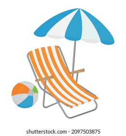Striped lounge chair with sun umbrella and beach inflatable ball, color vector illustration in cartoon style