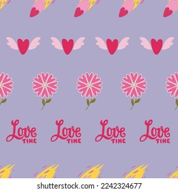 Striped Love seamless pattern. Burning heart, flower, heart with wings and words Love time, lined up. For wrapping paper, textile, scrapbooking, greetings, DIY projects.