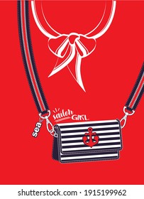 Striped marine cross body bag with sea collar on red background. Print for girls t shirt. Vector illustration.