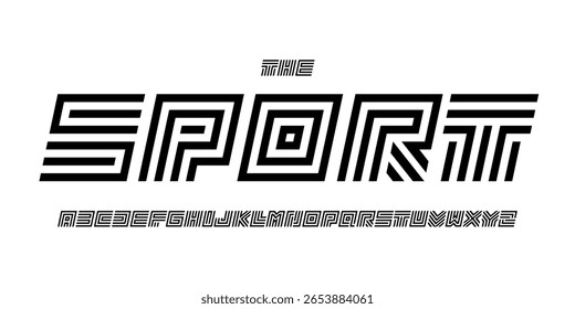 Fuente de laberinto rayado, alfabeto de bloque rayado en negrita, letras tecnológicas lineales, tipografía digital para logotipo deportivo, titular de carreras, tipografía de laberinto moderna, diseño tipográfico geométrico. Vector typeset.