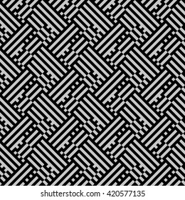 Striped maze vector pattern in black and white. Seamless geometric texture with meander motifs and stripes. Op art background. Geometric simple print with lines and stripes in art deco style.