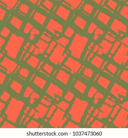 Striped mesh seamless pattern. Green grid on bright orange background. Usable as textile print and for wrapping paper, as backdrop for site and wallpaper and other design