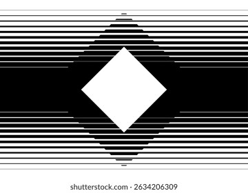 Striped modern pattern of black parallel lines. White square in the center. Black and white Vector background with space for text, for covers, packaging, ads, posters, banners