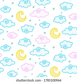 Luna rayada, nubes rosas y azules con textura de punto y estrellas en un fondo blanco. Patrón de vectores sin fisuras para papel tapizado para niños, papel de embalaje, embalaje, impresión en tela, textiles, ropa, bolsas
