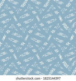 Striped or mottled patches regularly arranged on a blue background. Geometric pattern composed of zigzags and crossed oblique lines.
