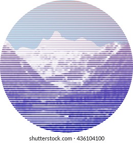 Striped mountain landscape in circle. Vector background made of stripes, snowy mountain view. Highlands landscape, vector background for flyer, advertising, banner, ads, poster