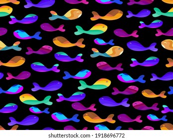 Streifen mehrfarbiger Fisch nahtlos Muster. Schöner heller Fisch auf schwarzem Hintergrund. Hintergrund für den Druck auf Papier, Banner und Stoff. Vektorgrafik