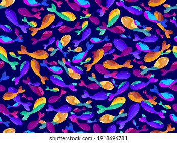 Striped multi colored fish seamless pattern. Beautiful bright fish on a dark blue background. Background for printing on paper, banner and fabric. Vector illustration