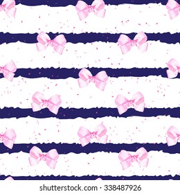 Striped nautical vector background with fancy pink bows. Speckled backdrop.