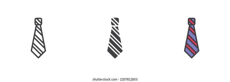 Striped necktie, tie different style icon set. Line, glyph and filled outline colorful version, outline and filled vector sign. Symbol, logo illustration. Vector graphics