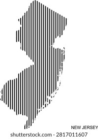 Striped New Jersey state silhouette, linear USA map pattern, editable vector illustration, abstract geographic texture, isolated American territory graphic, modern cartography design, printable outline template, decorative regional map