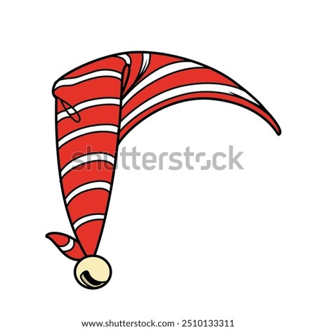Striped New Year's elf hat with bell. Image produced without the use of any form of AI software at any stage.