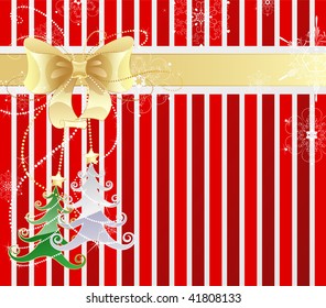 striped new-year background from red and white stripes, decorated by a bow from gold cloth with two brilliant christmas trees