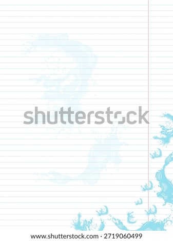 A striped notebook page with subtle watercolor splashes of water along the edges. The blue water splash pattern adds dynamism and originality, creating a stylish backdrop for school notes, memos, stat
