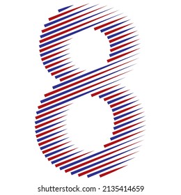 Striped Number Eight Vector Illustration. Red And Blue Number 8 Isolated On A White Background
