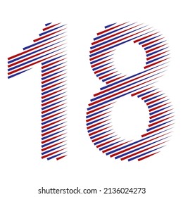 Striped Number Eighteen Vector Illustration. Red And Blue Number 18 Isolated On A White Background
