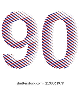 Striped Number Ninety Vector Illustration. Red And Blue Number 90 Isolated On A White Background
