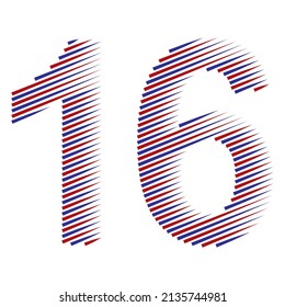 Striped Number Sixteen Vector Illustration. Red And Blue Number 16 Isolated On A White Background
