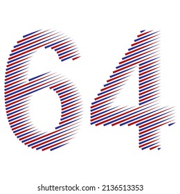 Striped Number Sixty Four Vector Illustration. Red And Blue Number 64 Isolated On A White Background
