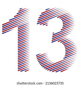 Striped Number Thirteen Vector Illustration. Red And Blue Number 13 Isolated On A White Background
