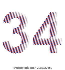 Striped Number Thirty Four Vector Illustration. Red And Blue Number 34 Isolated On A White Background
