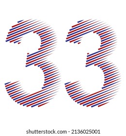 Striped Number Thirty Three Vector Illustration. Red And Blue Number 33 Isolated On A White Background

