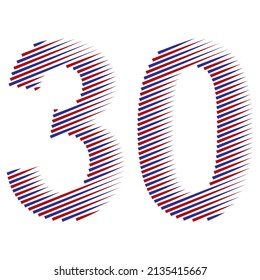 Striped Number Thirty Vector Illustration. Red And Blue Number 30 Isolated On A White Background
