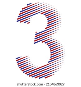 Striped Number Three Vector Illustration. Red And Blue Number 3 Isolated On A White Background
